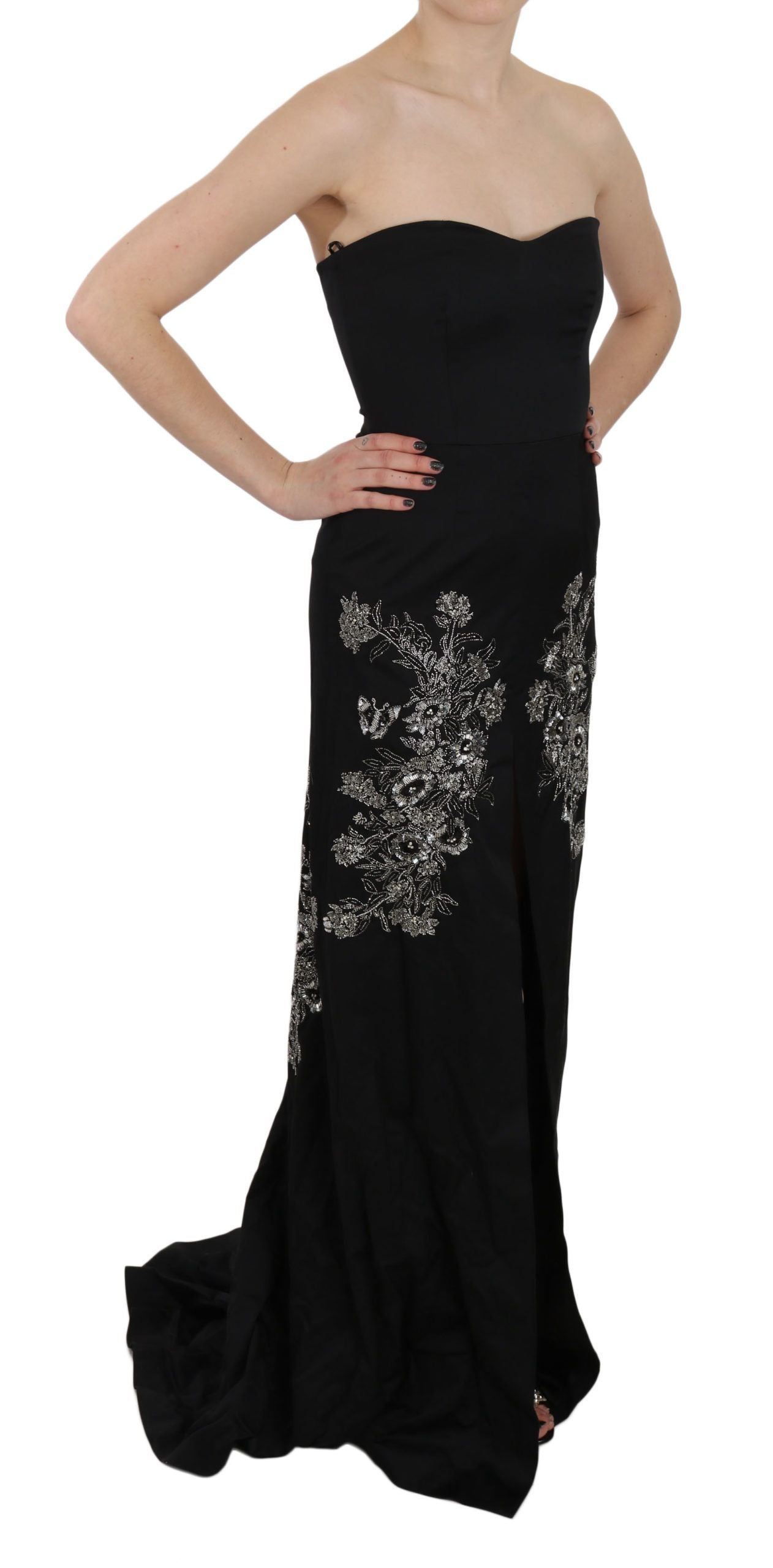 A black sequined flare ball gown dress with a detailed bodice and long train