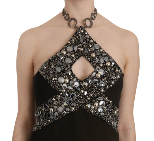 A black sequined stretch mini shift dress with a V-neck and shoulder straps