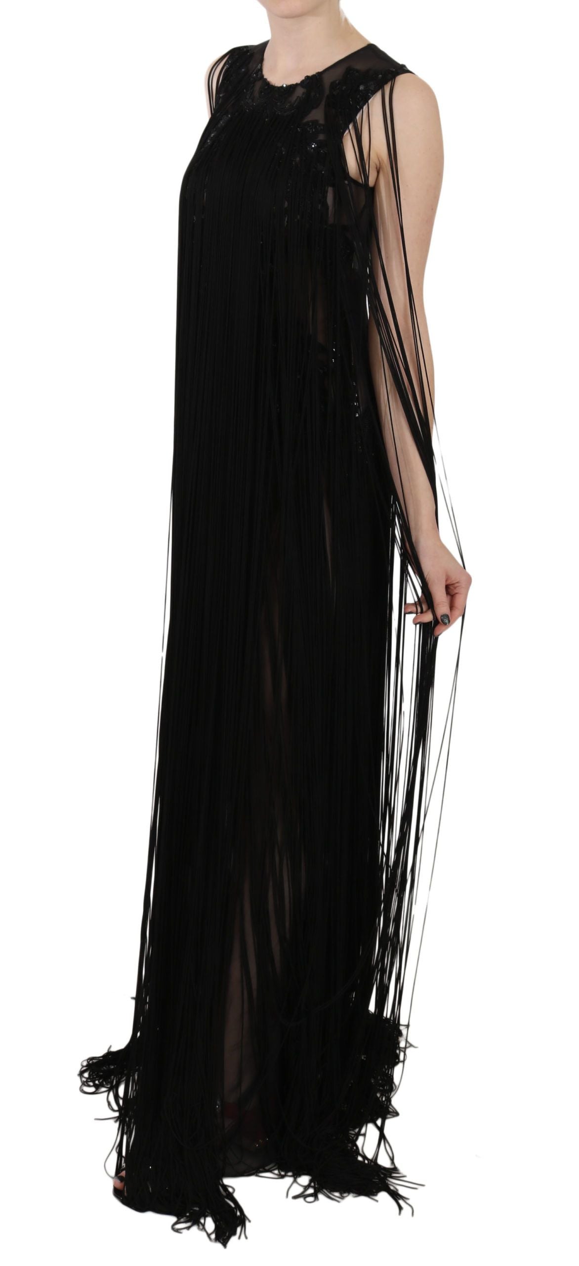 Long black sequined dress with beaded detailing