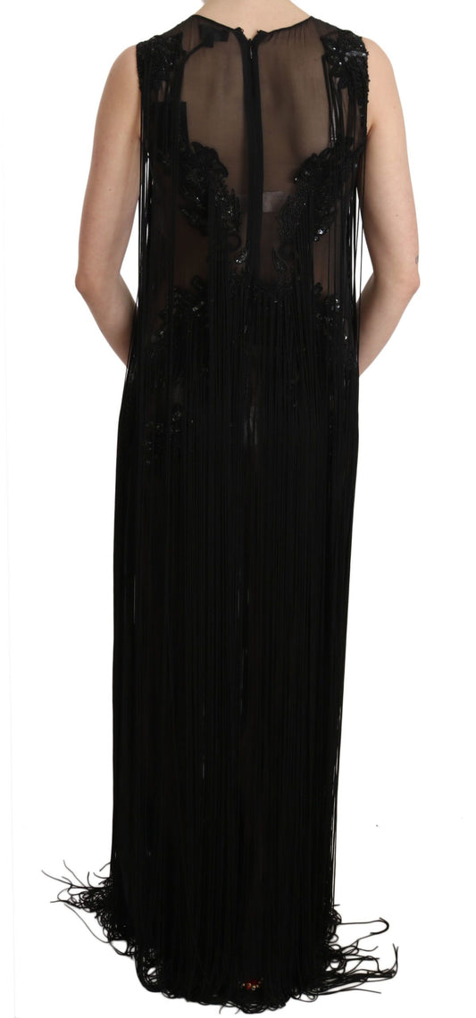 A long black sequined dress with beaded detailing