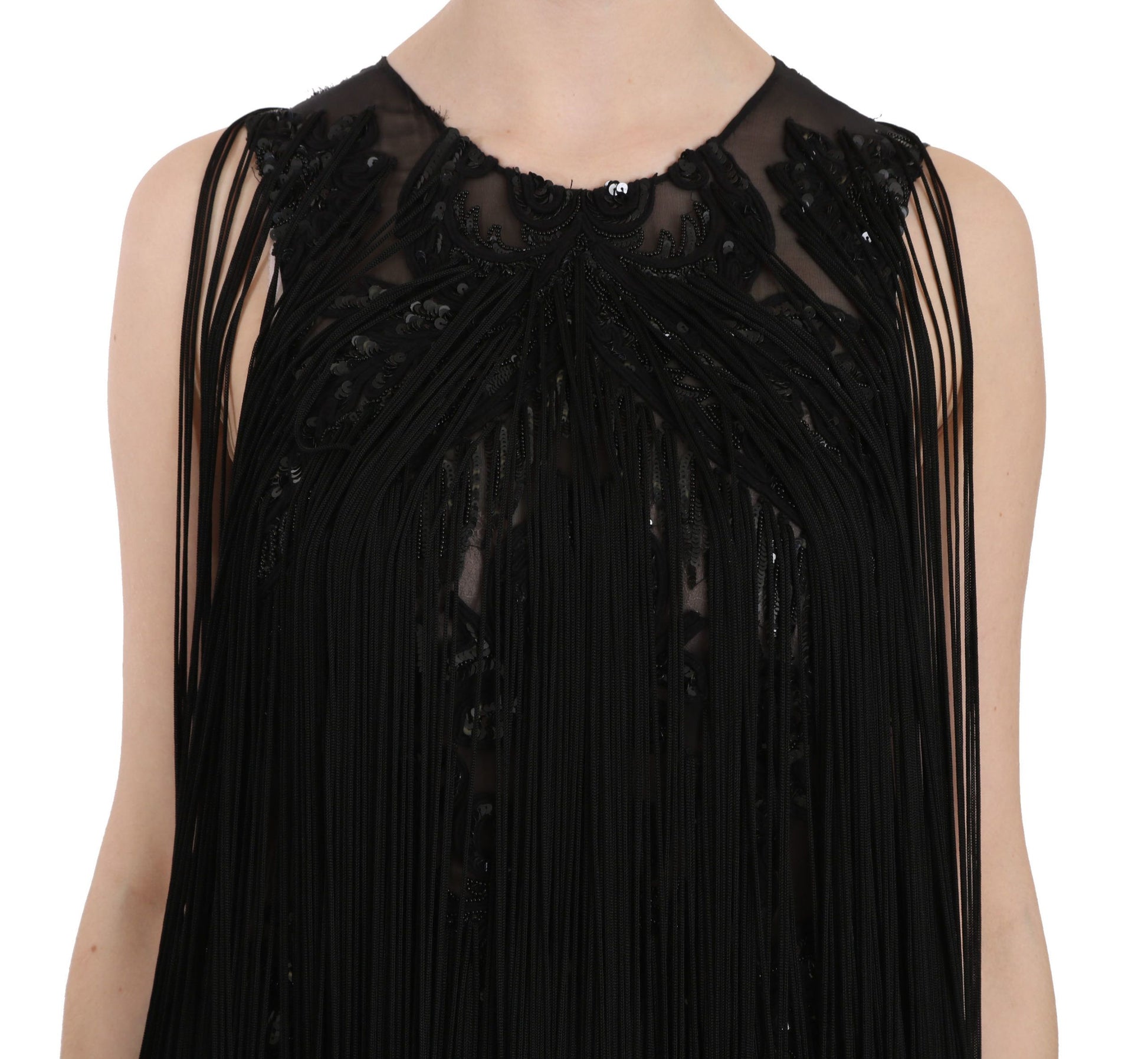 A black sequined dress with beaded detailing on a mannequin torso