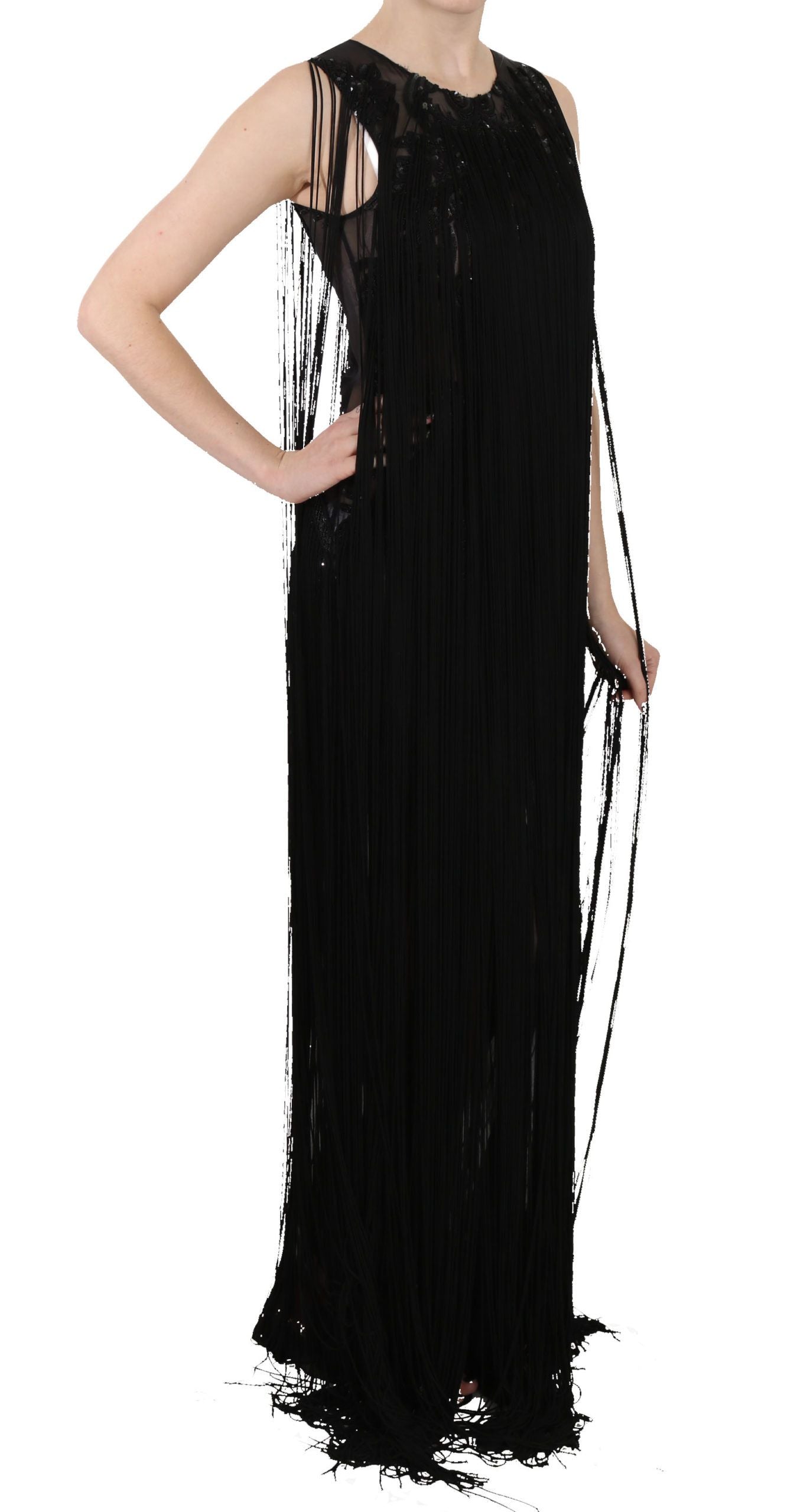 A long black sequined dress with beaded detailing