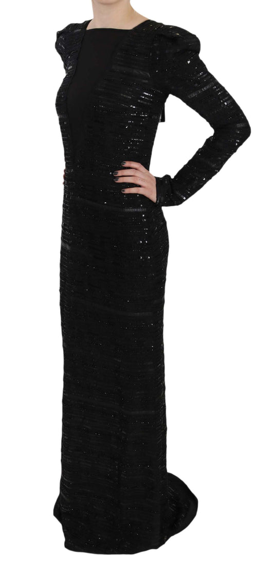 Long black sequined gown dress with full length sleeves and fitted waist