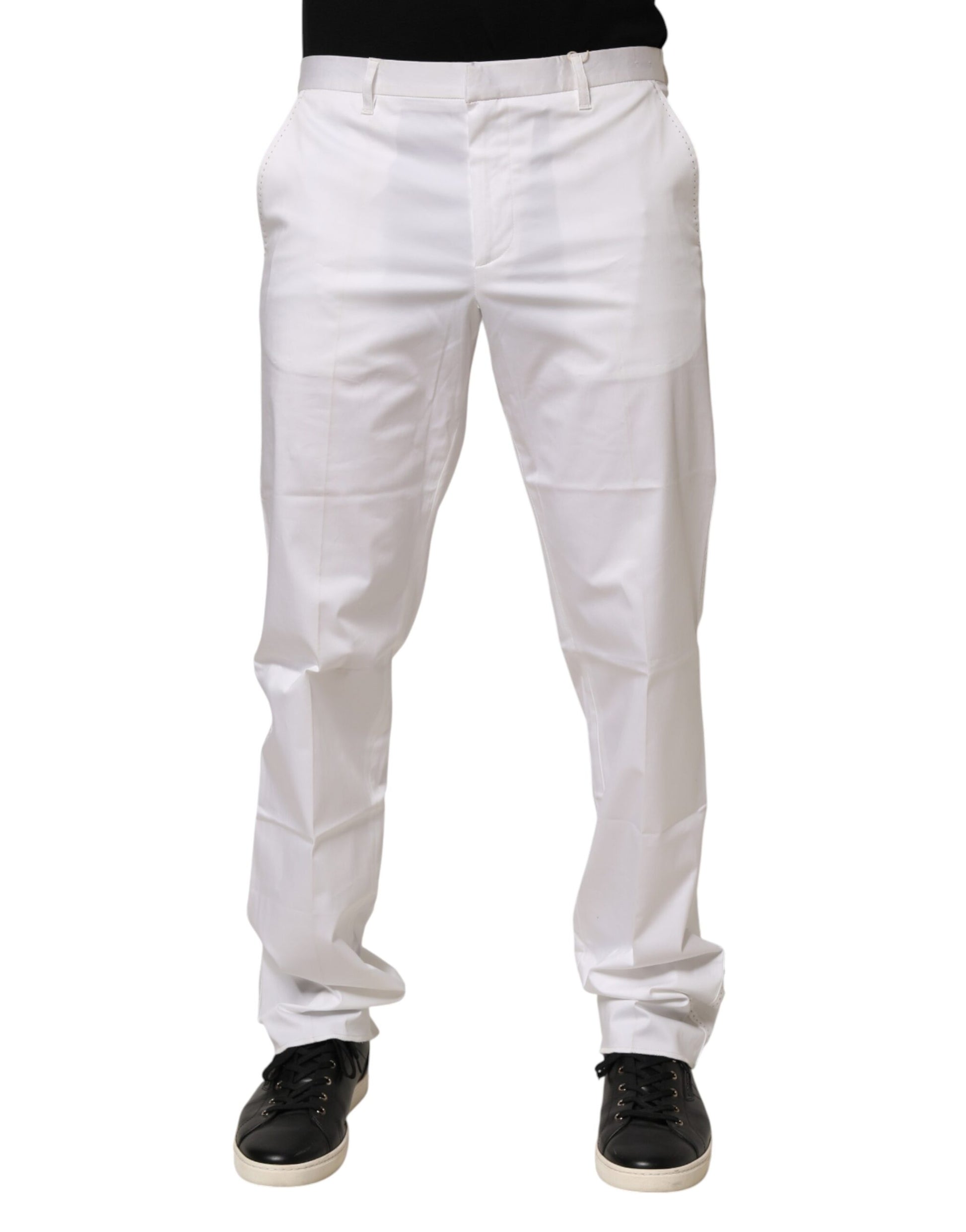 White cotton stretch dress pants for men, featuring a slim fit and elastic waistband