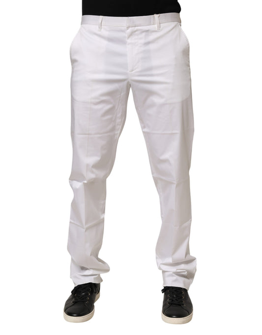 White cotton stretch dress pants for men, featuring a slim fit and elastic waistband