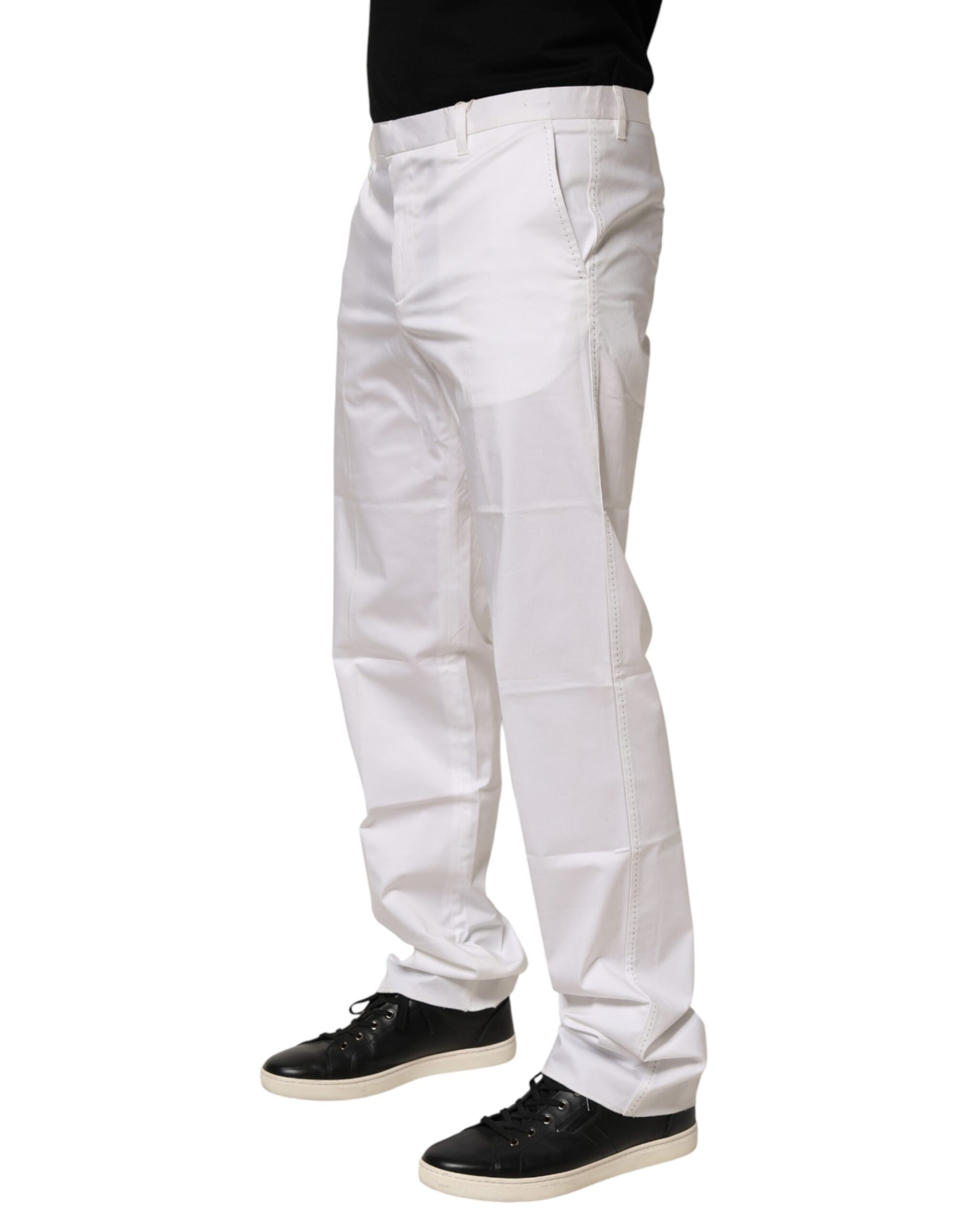A pair of white cotton stretch dress pants for men, featuring a slim fit and elastic waistband
