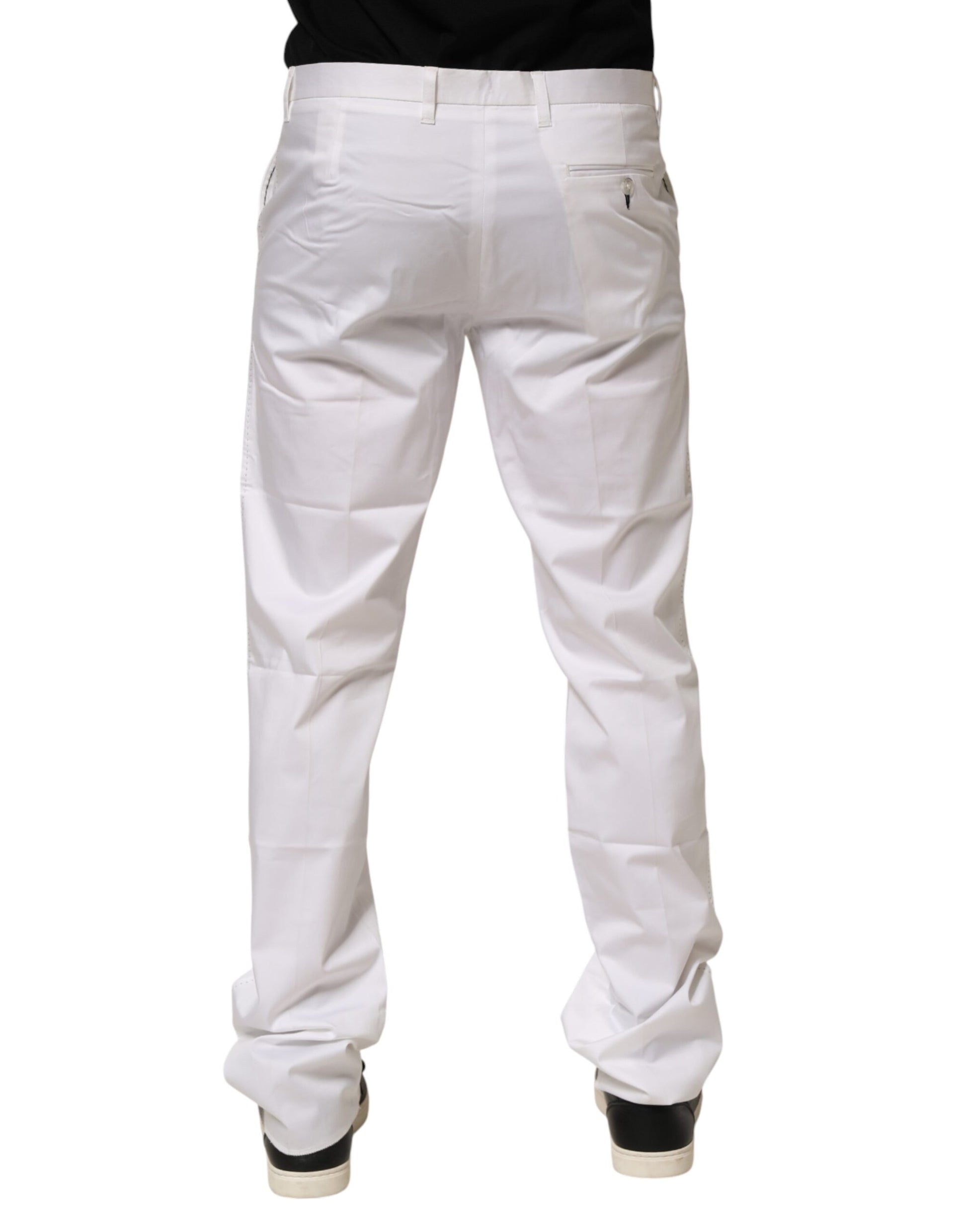 A pair of white cotton stretch dress pants for men, featuring a slim fit and elastic waistband