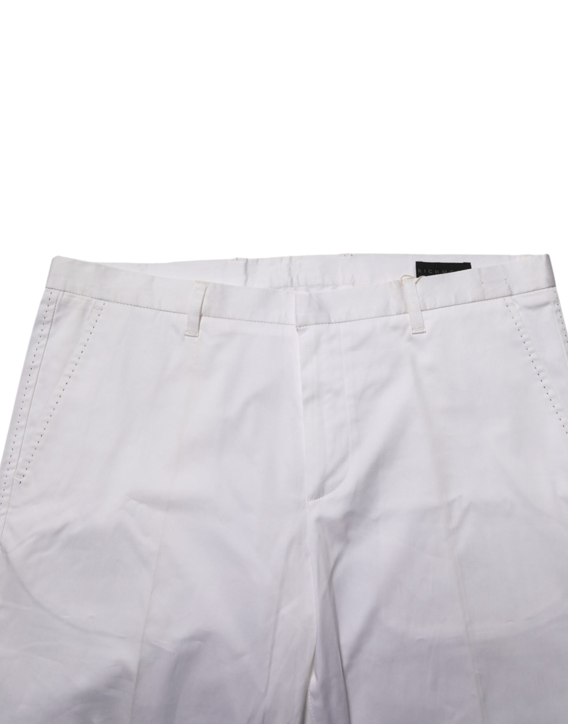 White cotton stretch dress pants with pockets, waistband and zipper fly