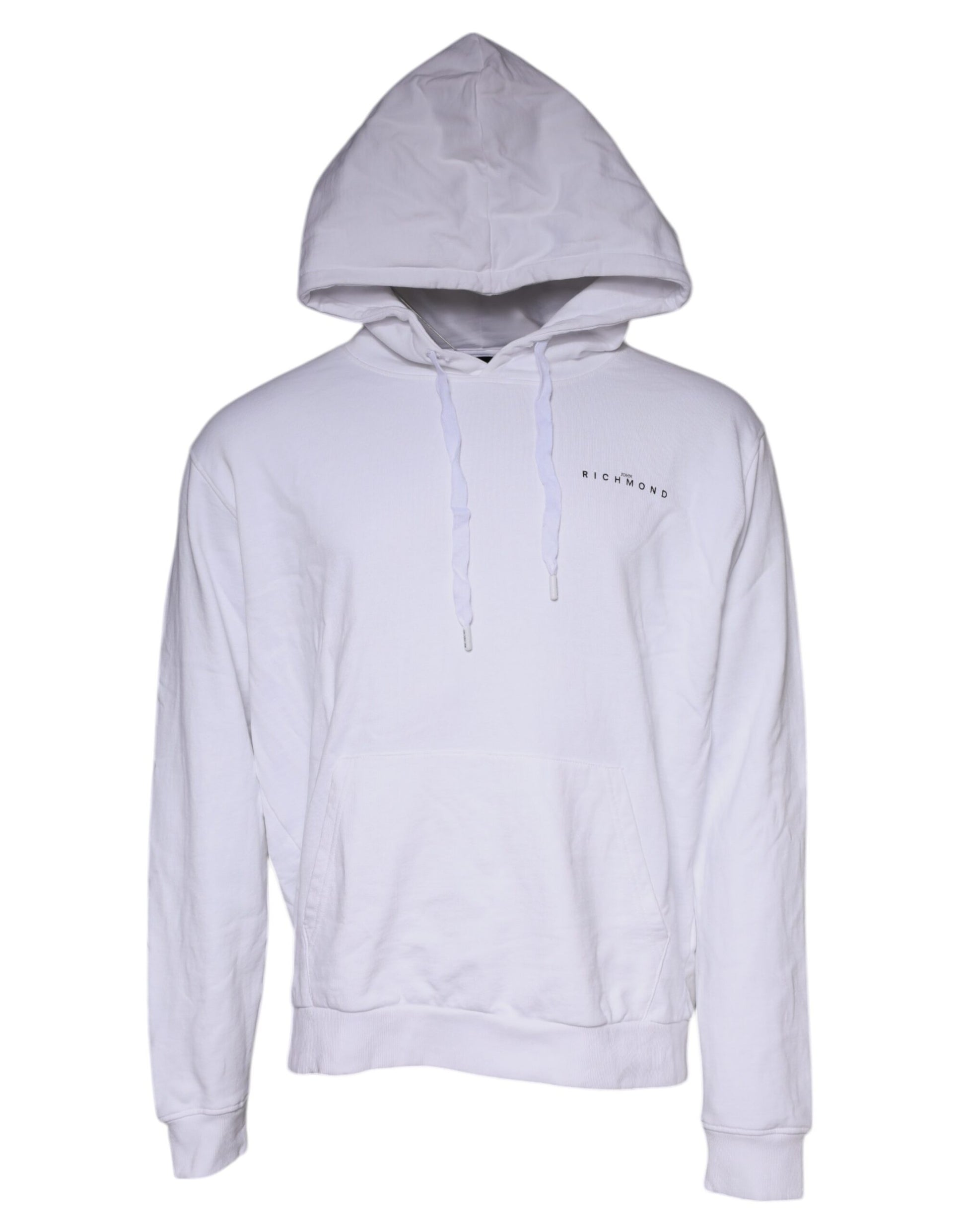 White hoodie with drawstrings and a zippered front pocket