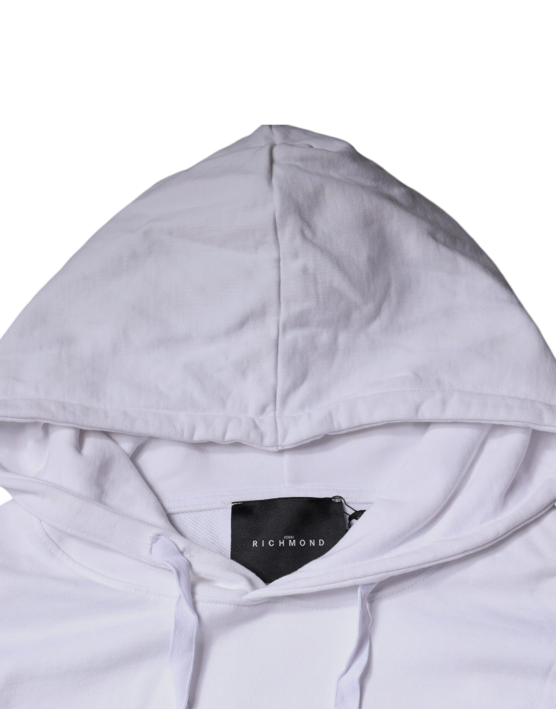 White hoodie with black tag on neck