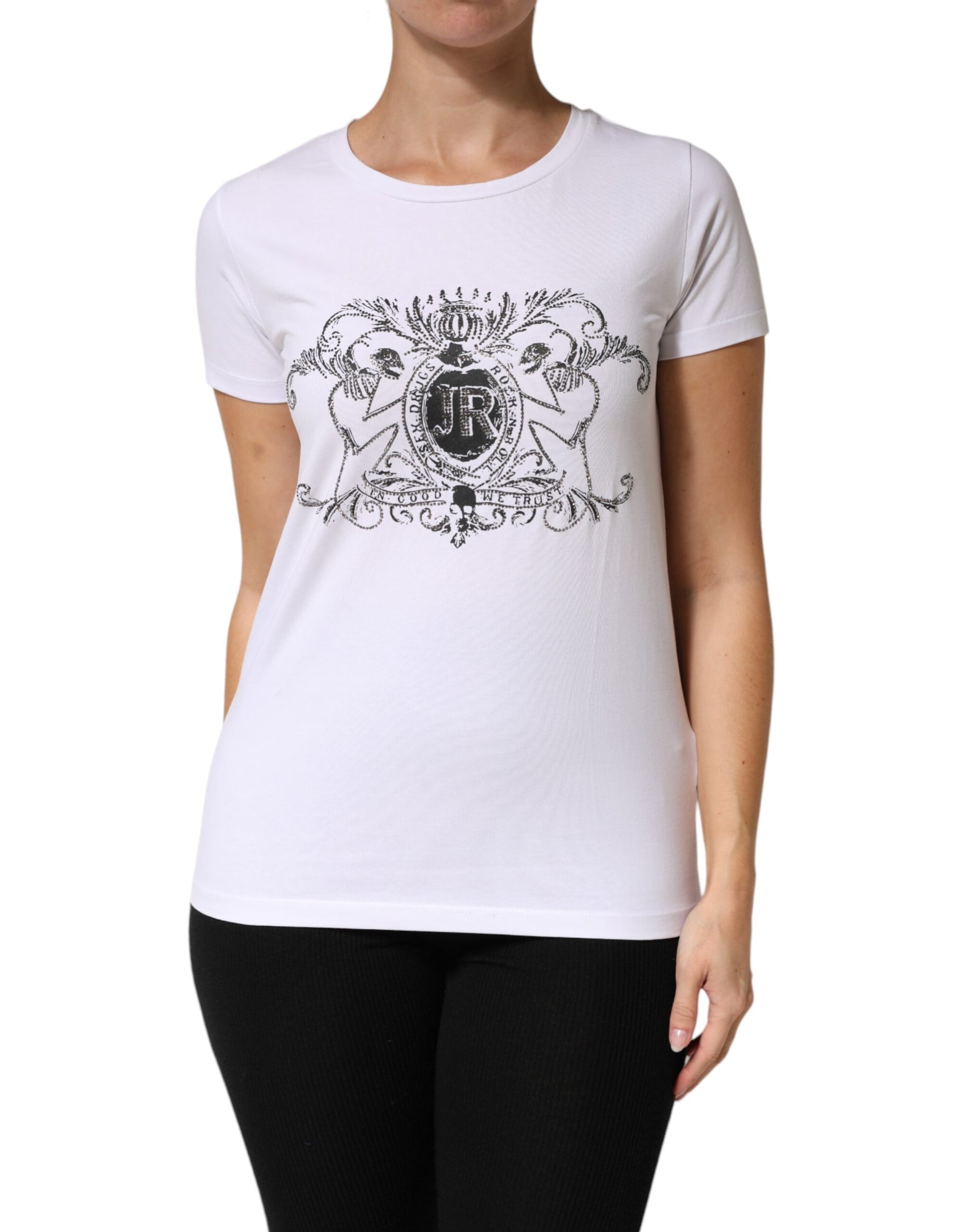 White t-shirt with black design on front