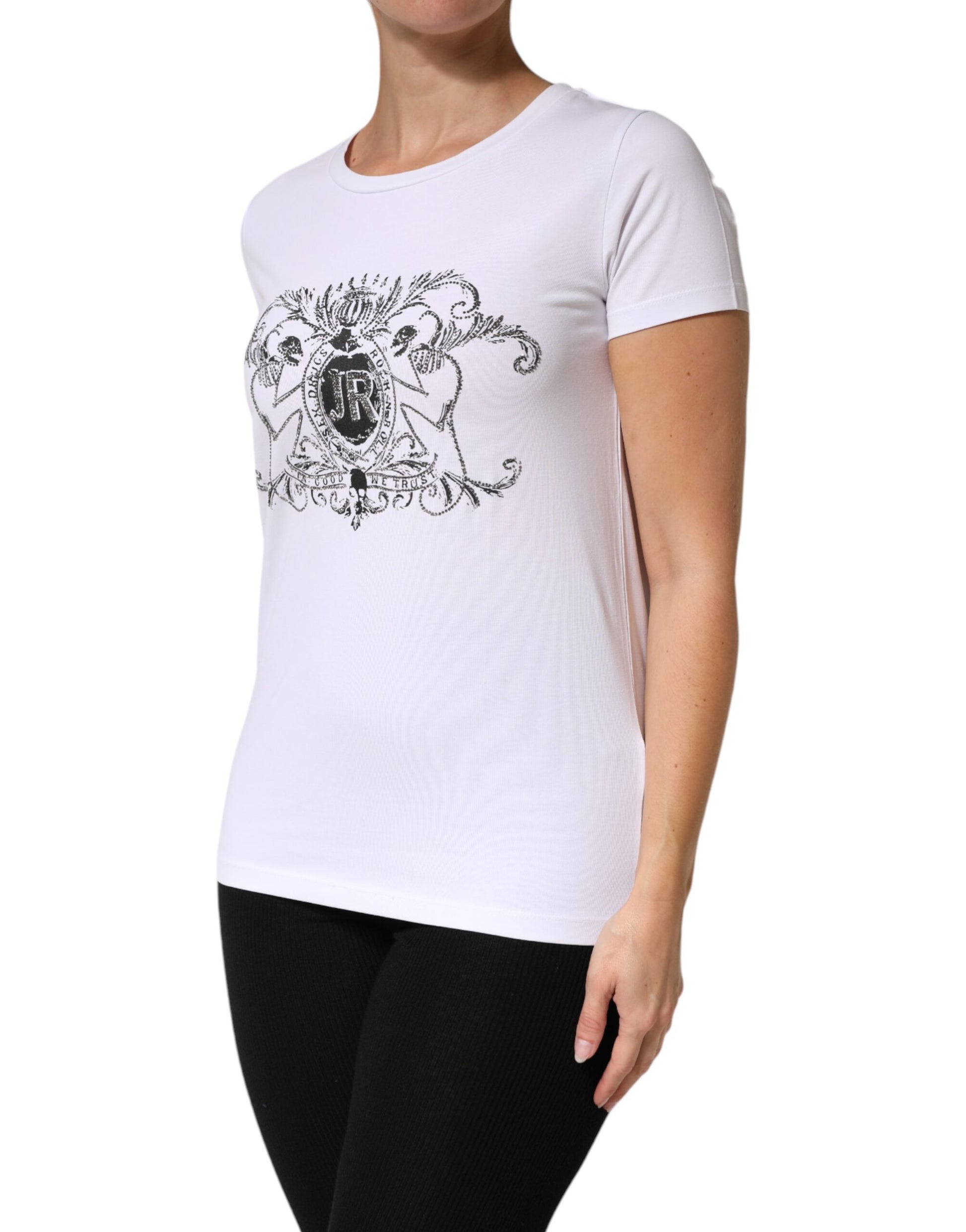 White t-shirt with black design on front