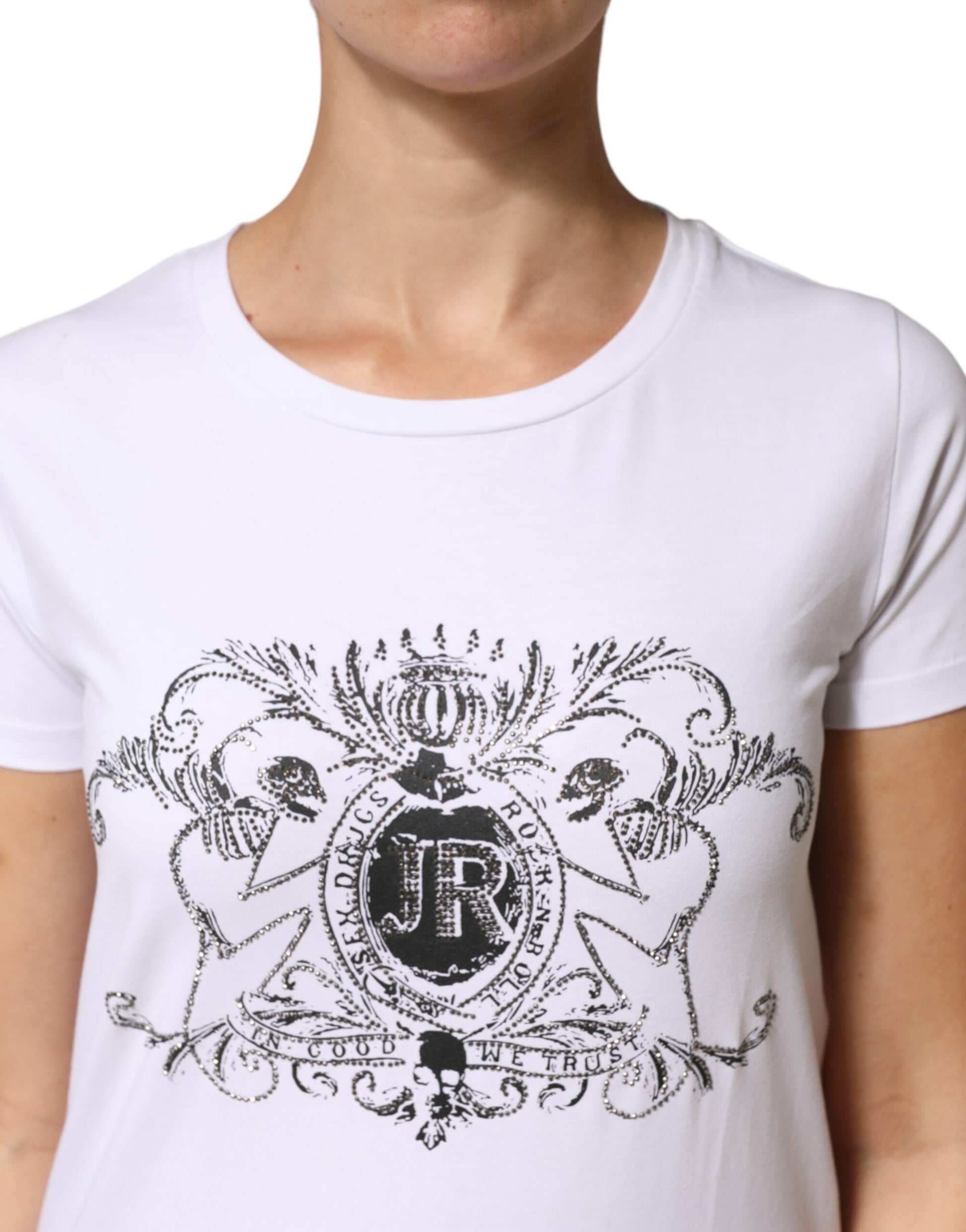 White t-shirt with black embroidered design on front