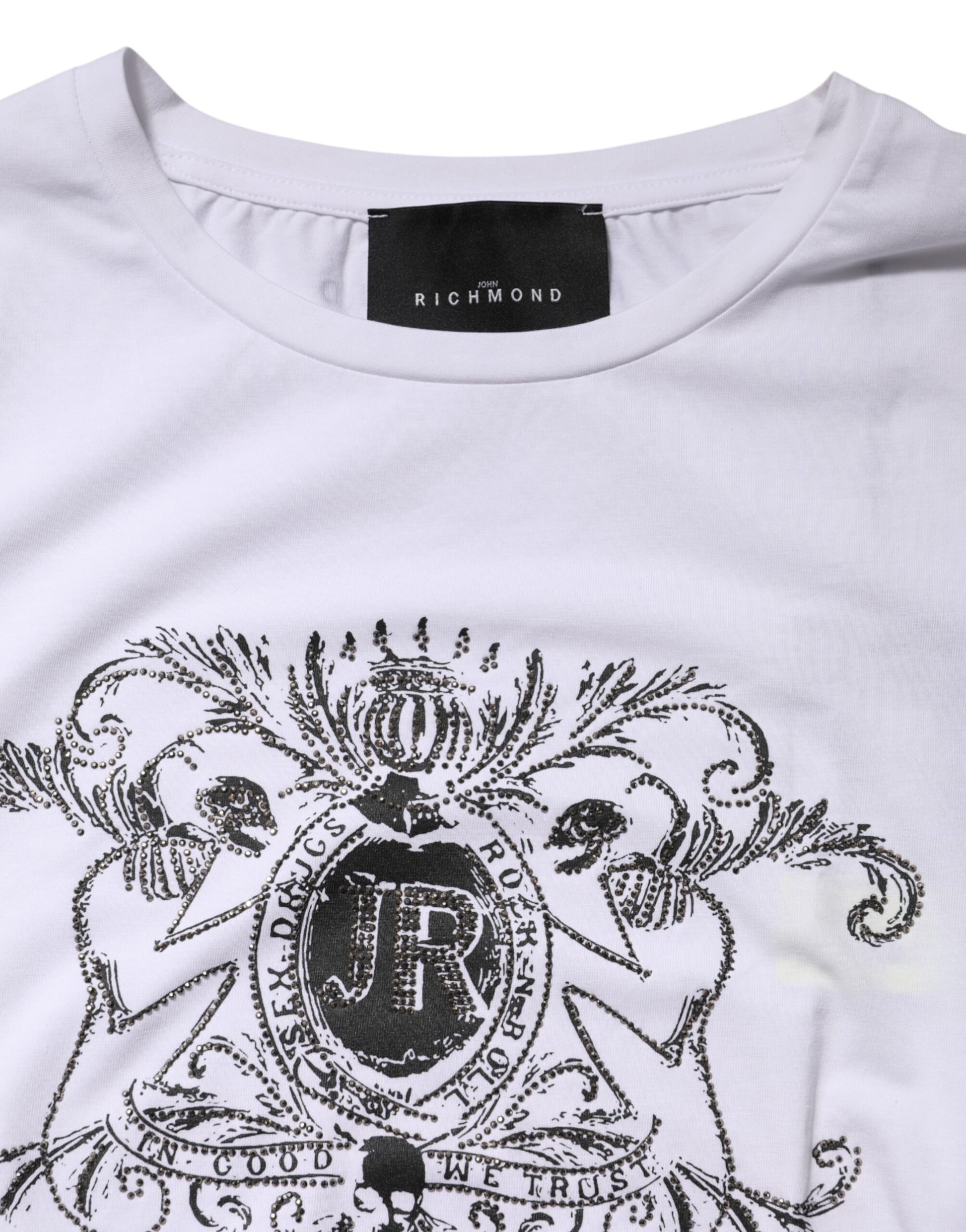 White t-shirt with black design on front