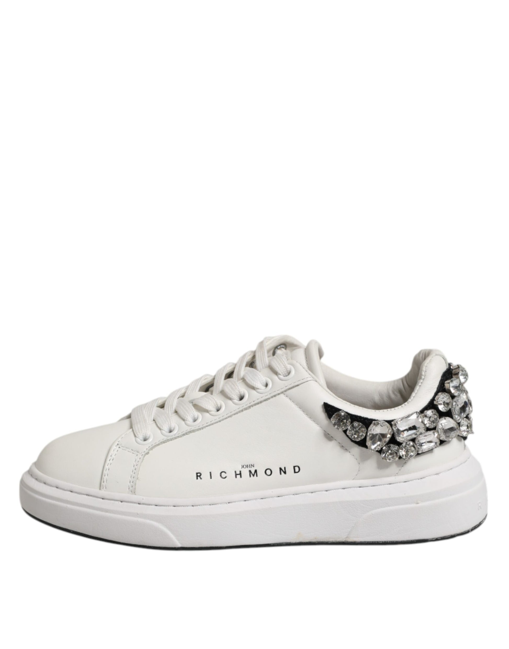 White sneakers with rhinestones on side, branded John Richmond