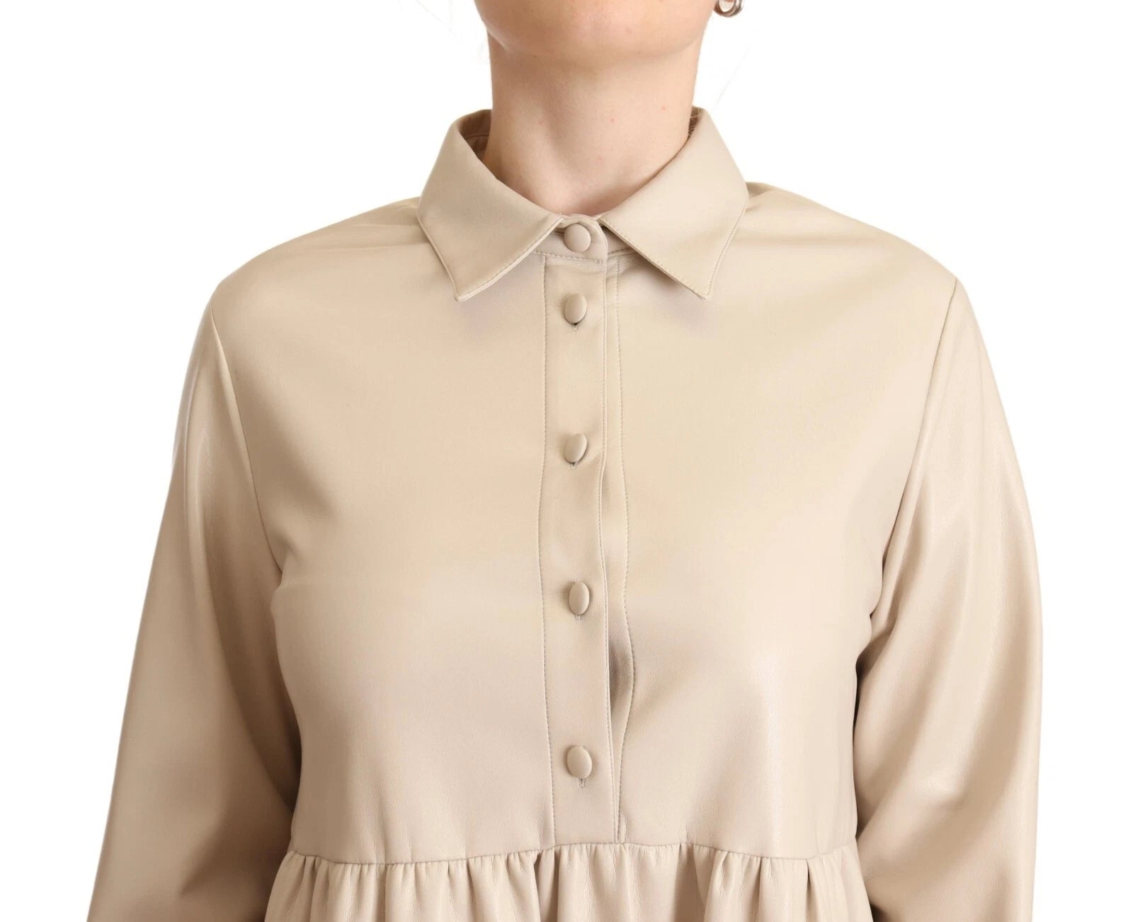 Tan leather collared dress with buttons and belt detailing
