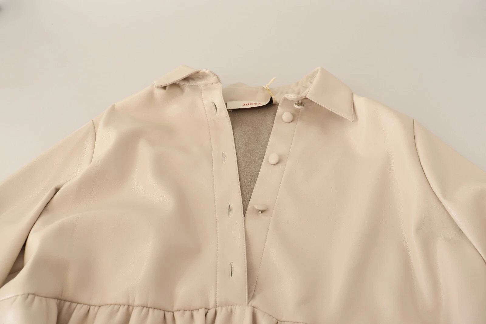 Tan leather dress with collar and buttons, long sleeves, and A-line cut