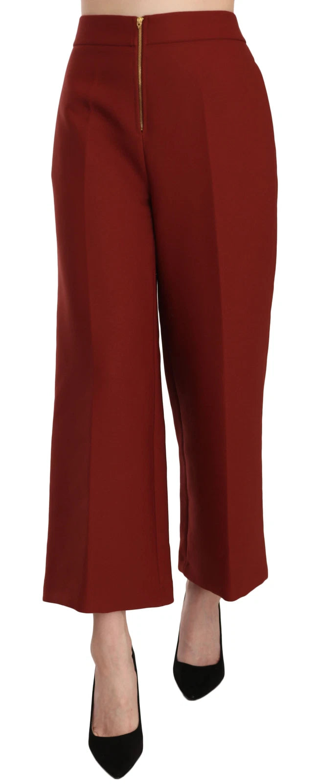 A pair of red high waist cropped flared dress pants