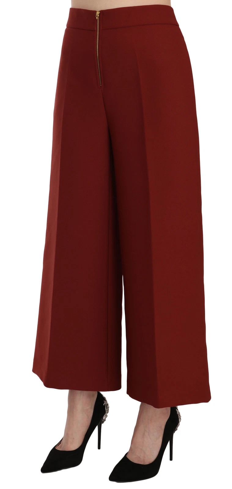 A pair of red high waist cropped flared trousers with a formal design