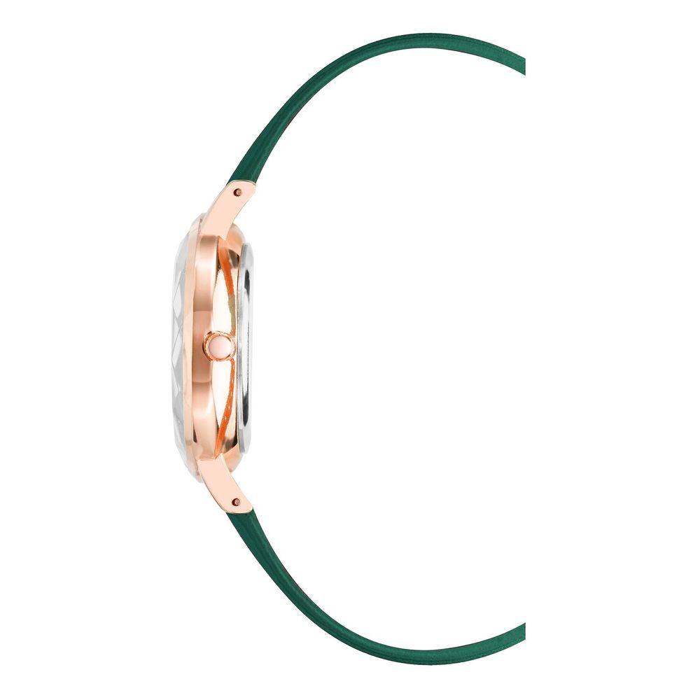 A bicolor plastic watch with a rose gold band and green strap