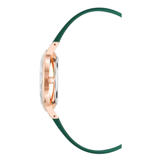 A bicolor plastic watch with a rose gold band and green strap