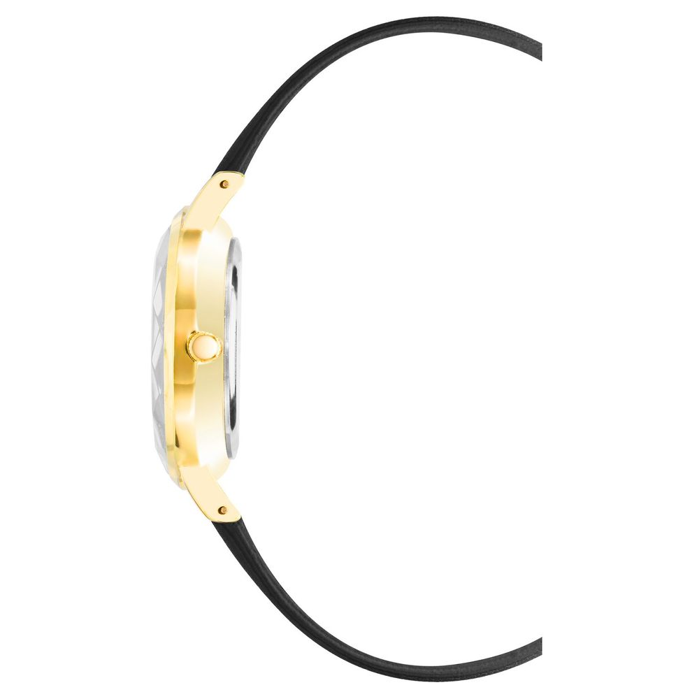 A black plastic watch with a gold band and face, featuring a logo on the face