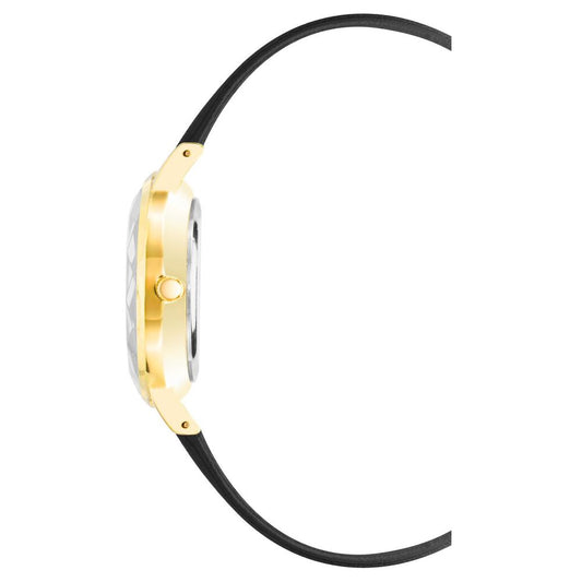 A black plastic watch with a gold band and face, featuring a logo on the face