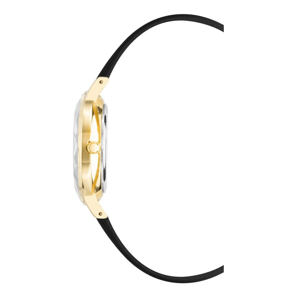 A black plastic watch with a gold band