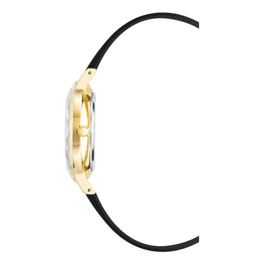 A black plastic watch with a gold band
