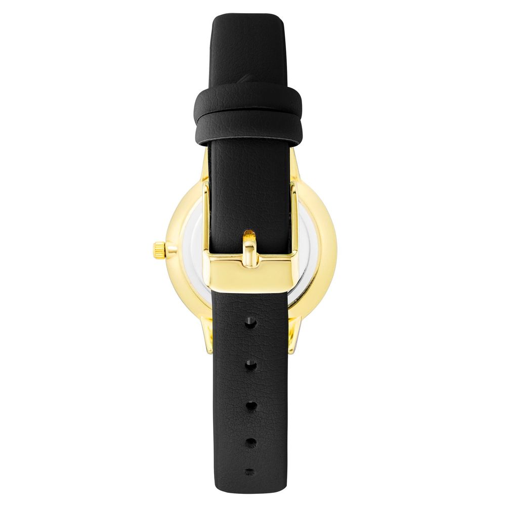 A black plastic watch with a gold buckle and face