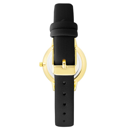 A black plastic watch with a gold buckle and face