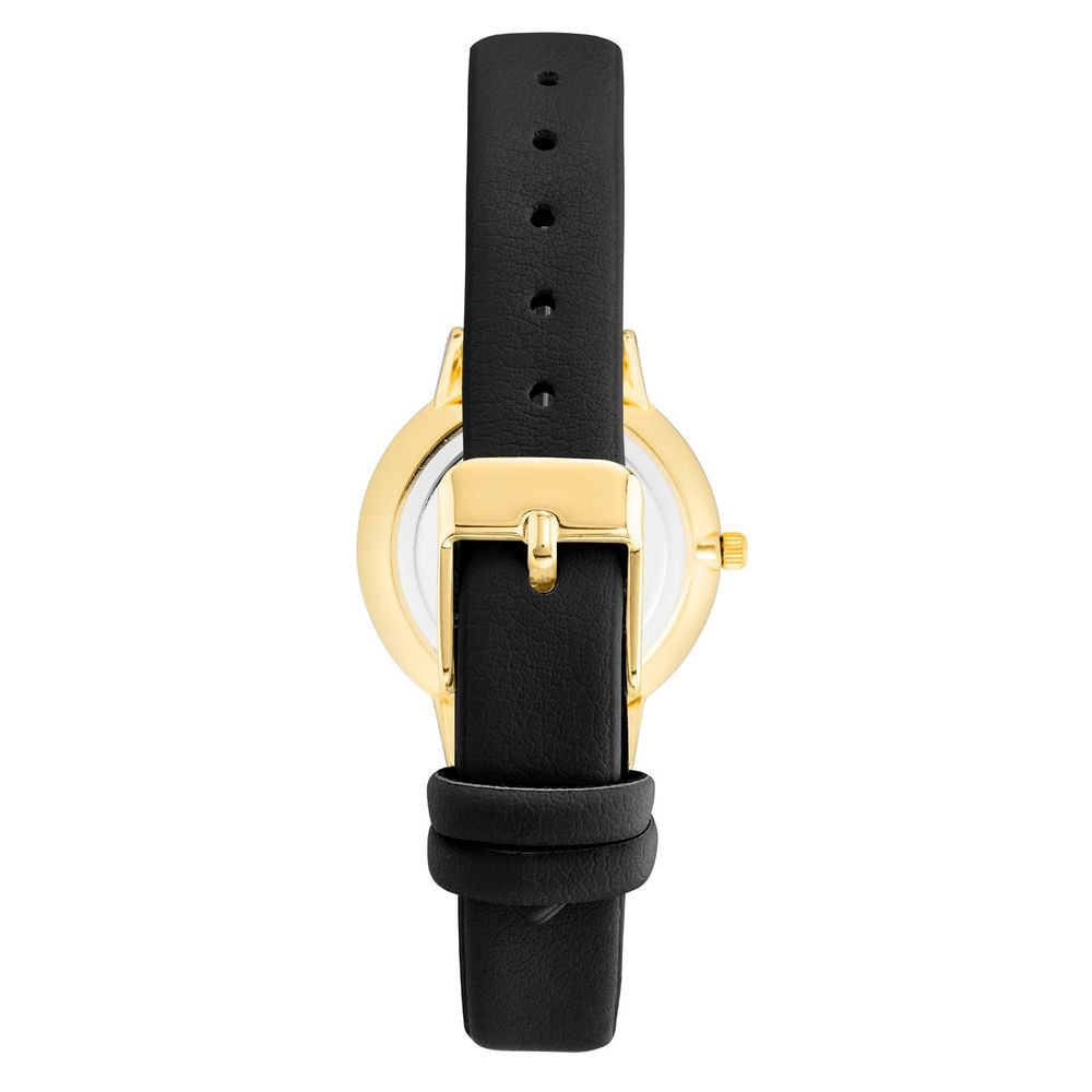 A black leather watch with a gold buckle