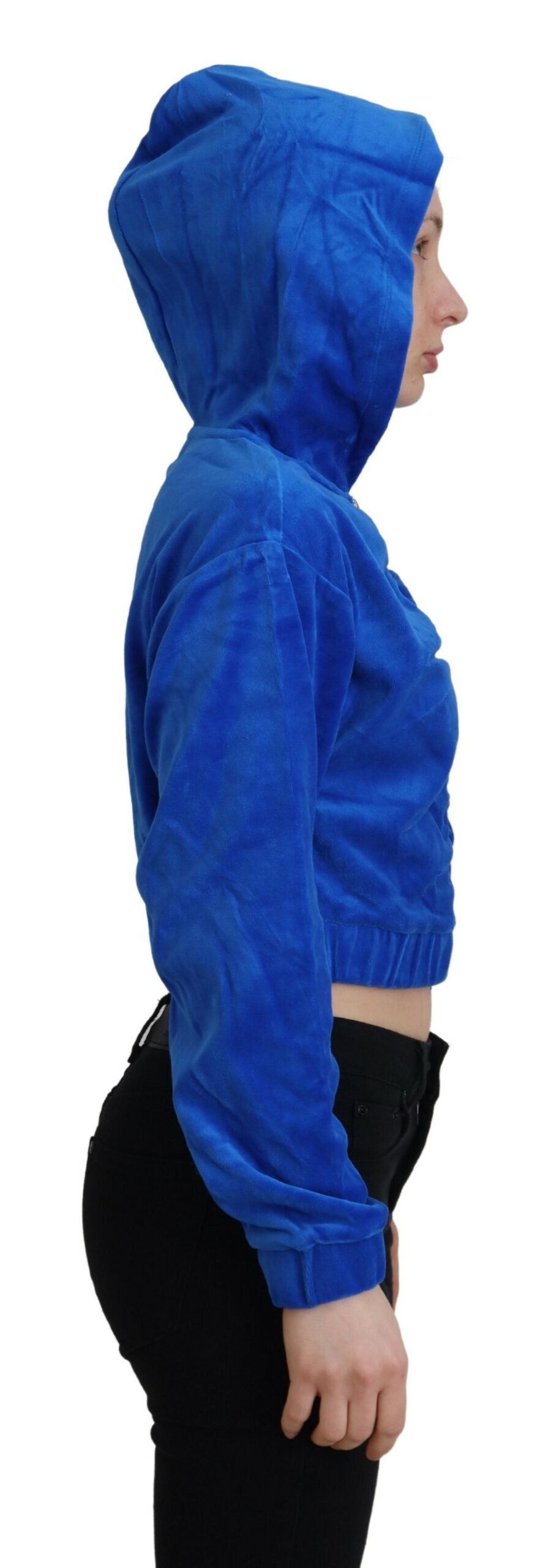 Blue hooded jacket on person