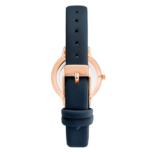 A black leather watch strap with a rose gold buckle