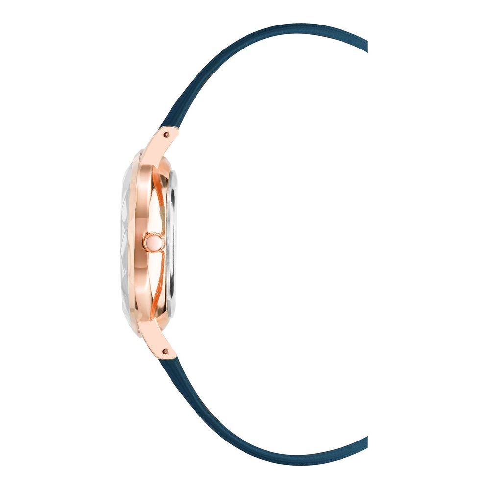 A blue plastic watch with a rose gold band and face, featuring a white strap