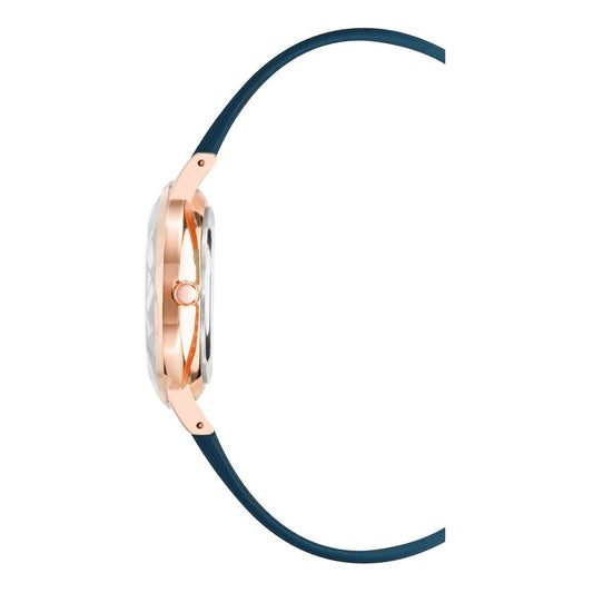 A blue plastic watch with a rose gold band and face, featuring a white strap
