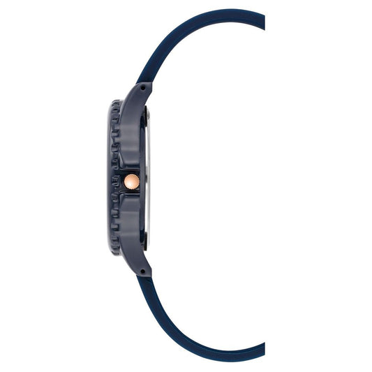 A blue watch with a black band
