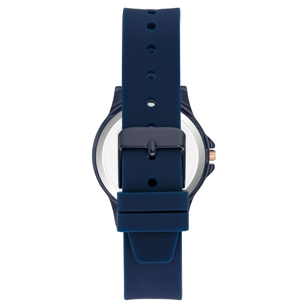 A blue watch with a black strap
