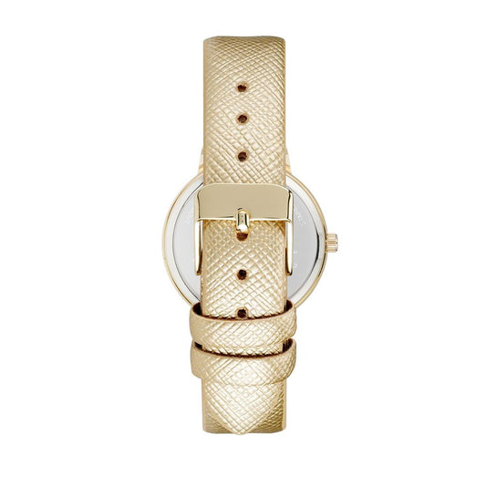 A gold plastic watch with a textured band
