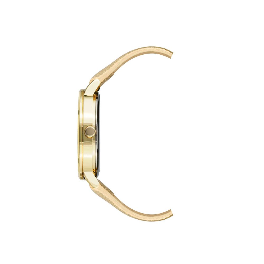 A gold plastic watch with a black face