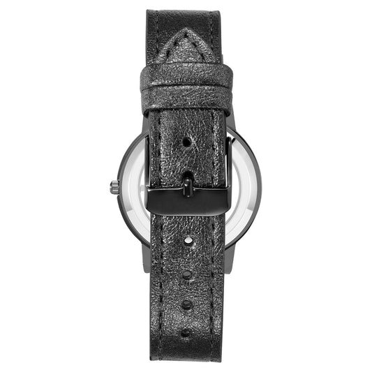 A black leather watch strap with a silver buckle