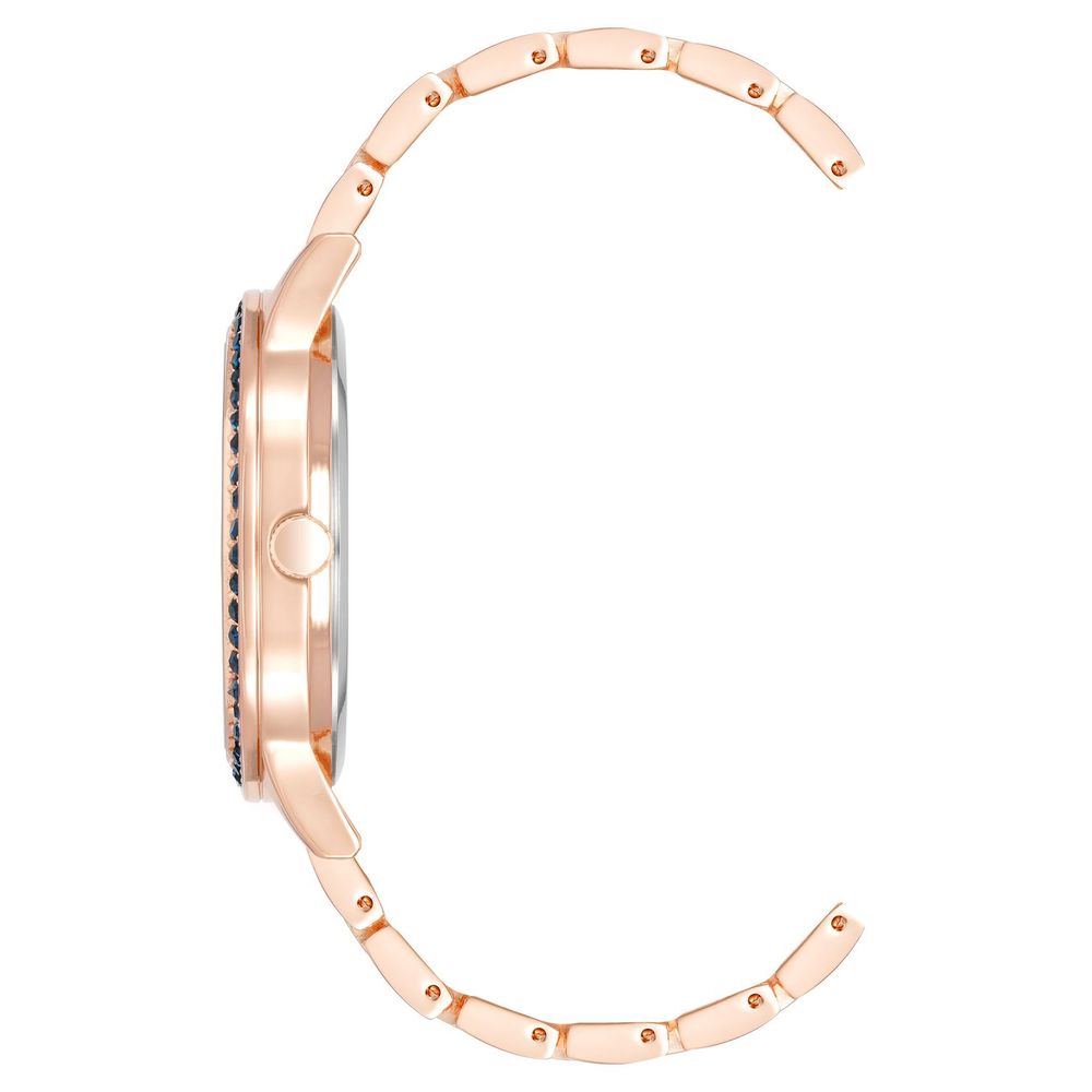 A rose gold watch with a multicolored face