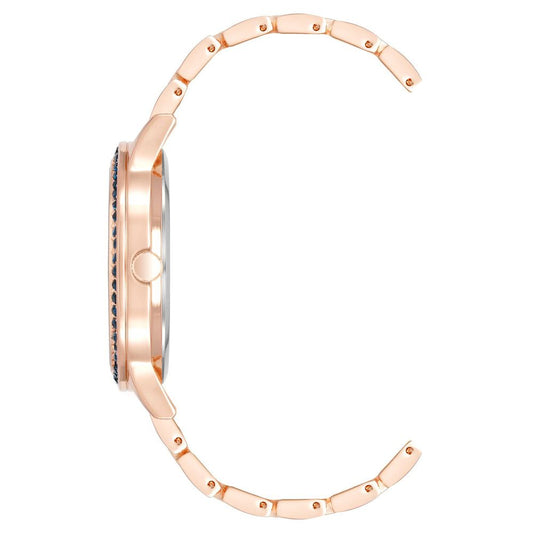 A rose gold watch with a multicolored face