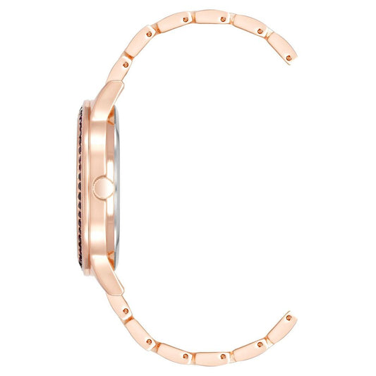 A rose gold watch with a multicolored face