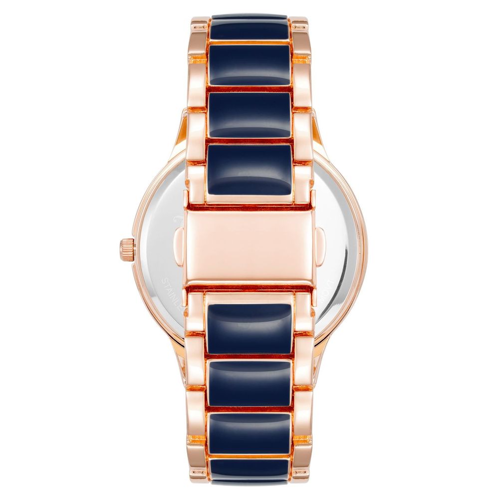 A multicolored watch with a rose gold band and blue face