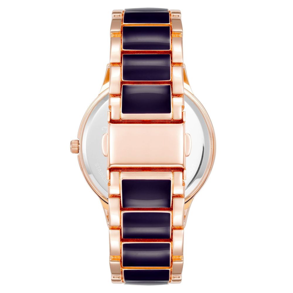 A multicolored metal watch with a black strap