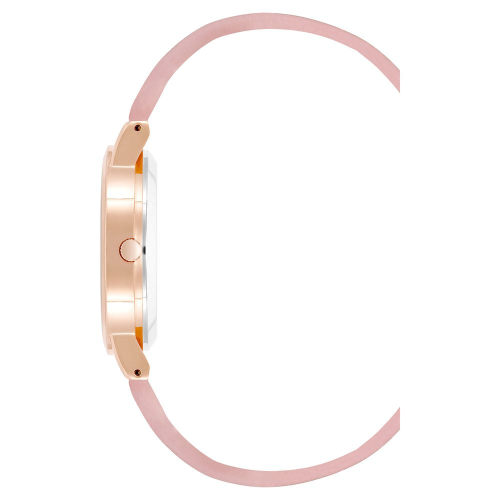 Pink watch with white face and gold accents