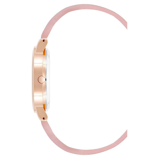 Pink watch with white face and gold accents