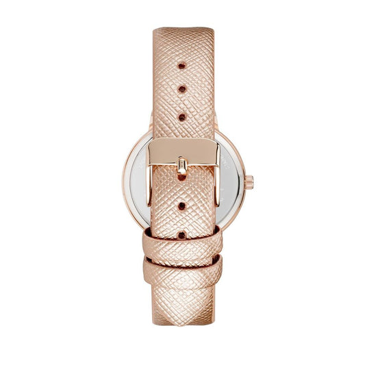 A pink watch with a textured strap