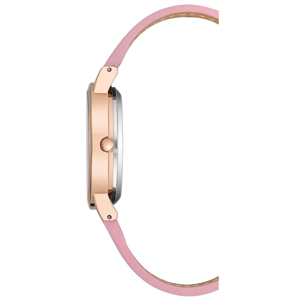 Pink and gold watch with multicolored strap